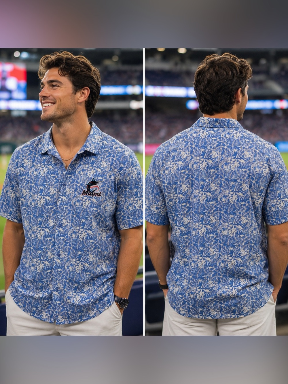 🆕 Antigua Miami Marlins Resort Button-Up Shirt Large NWT Stretch Tropical MLB